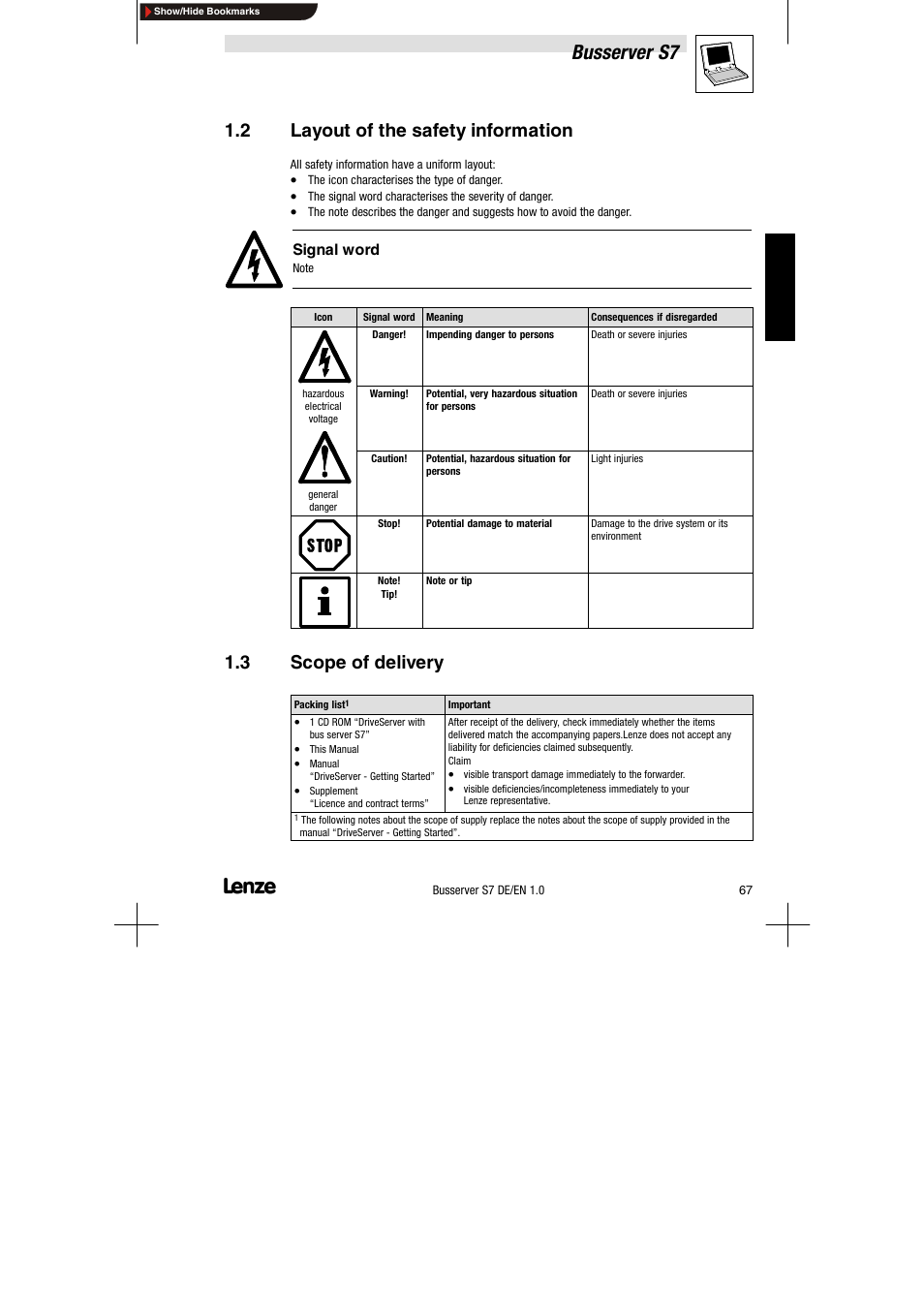 2 layout of the safety information, 3 scope of delivery, Layout of the safety information | Scope of delivery, Busserver s7 | Lenze Drive Server Bus server S7 getting started User Manual | Page 6 / 63