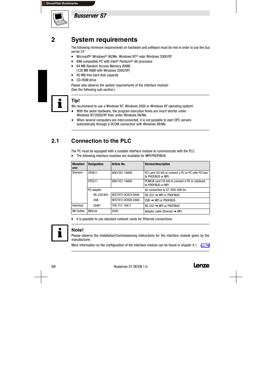 2 system requirements, 1 connection to the plc, Connection to the plc | 2system requirements, Busserver s7 | Lenze Drive Server Bus server S7 getting started User Manual | Page 7 / 63