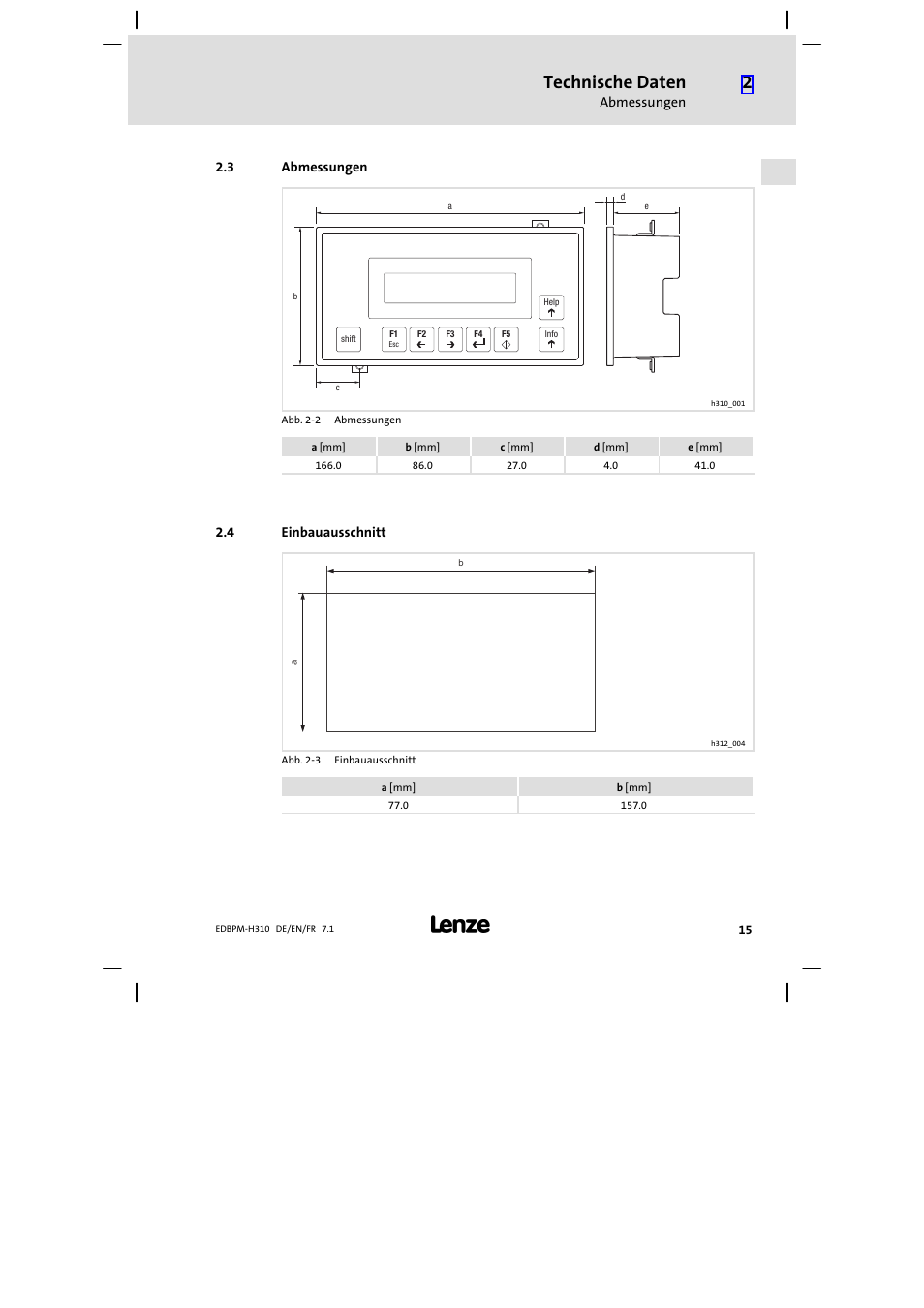 3 abmessungen, 4 einbauausschnitt, Abmessungen | Einbauausschnitt, Technische daten | Lenze EPM−H310 User Manual | Page 15 / 102