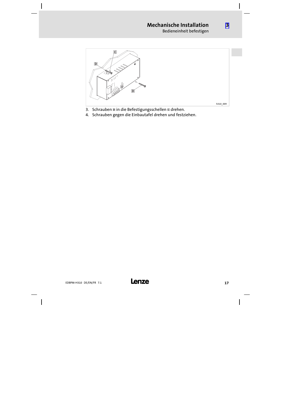 Mechanische installation, Bedieneinheit befestigen, Schrauben | Lenze EPM−H310 User Manual | Page 17 / 102