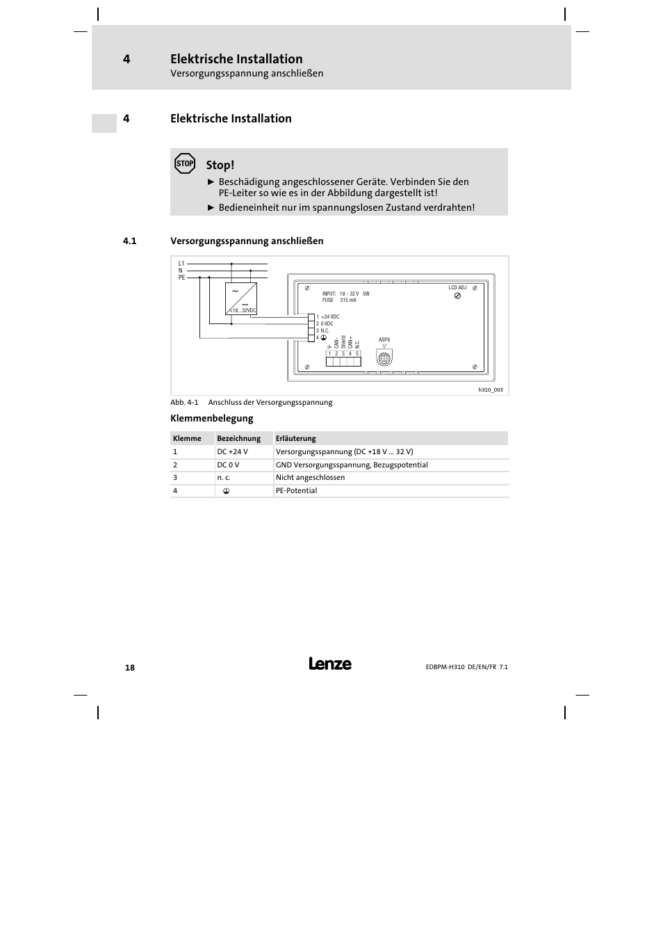 4 elektrische installation, 1 versorgungsspannung anschließen, Elektrische installation | Versorgungsspannung anschließen, 4elektrische installation, Stop | Lenze EPM−H310 User Manual | Page 18 / 102