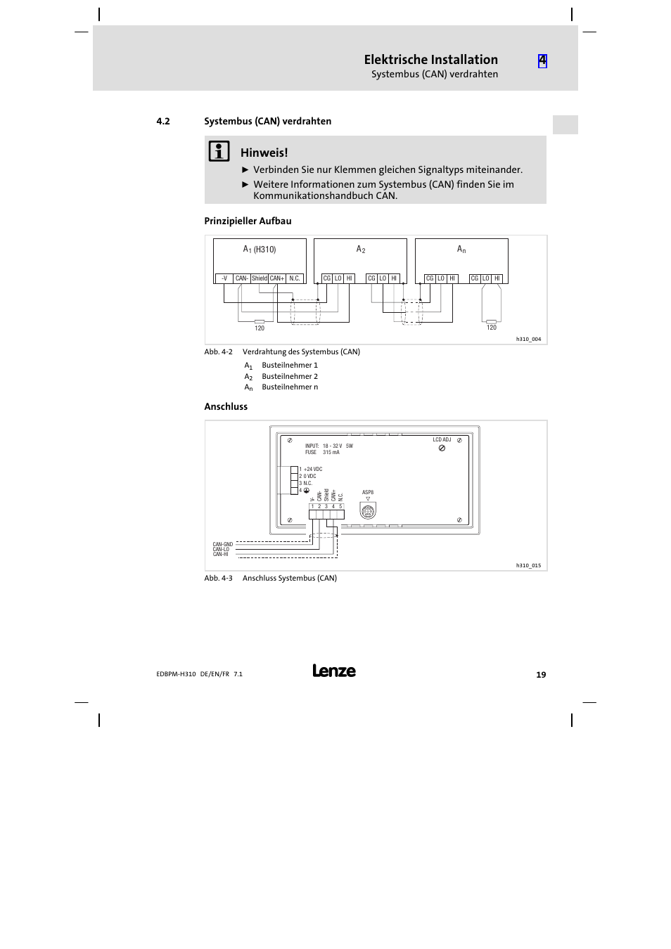 2 systembus (can) verdrahten, Systembus (can) verdrahten, Elektrische installation | Hinweis | Lenze EPM−H310 User Manual | Page 19 / 102