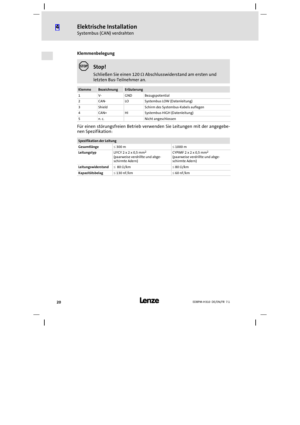Elektrische installation, Stop | Lenze EPM−H310 User Manual | Page 20 / 102