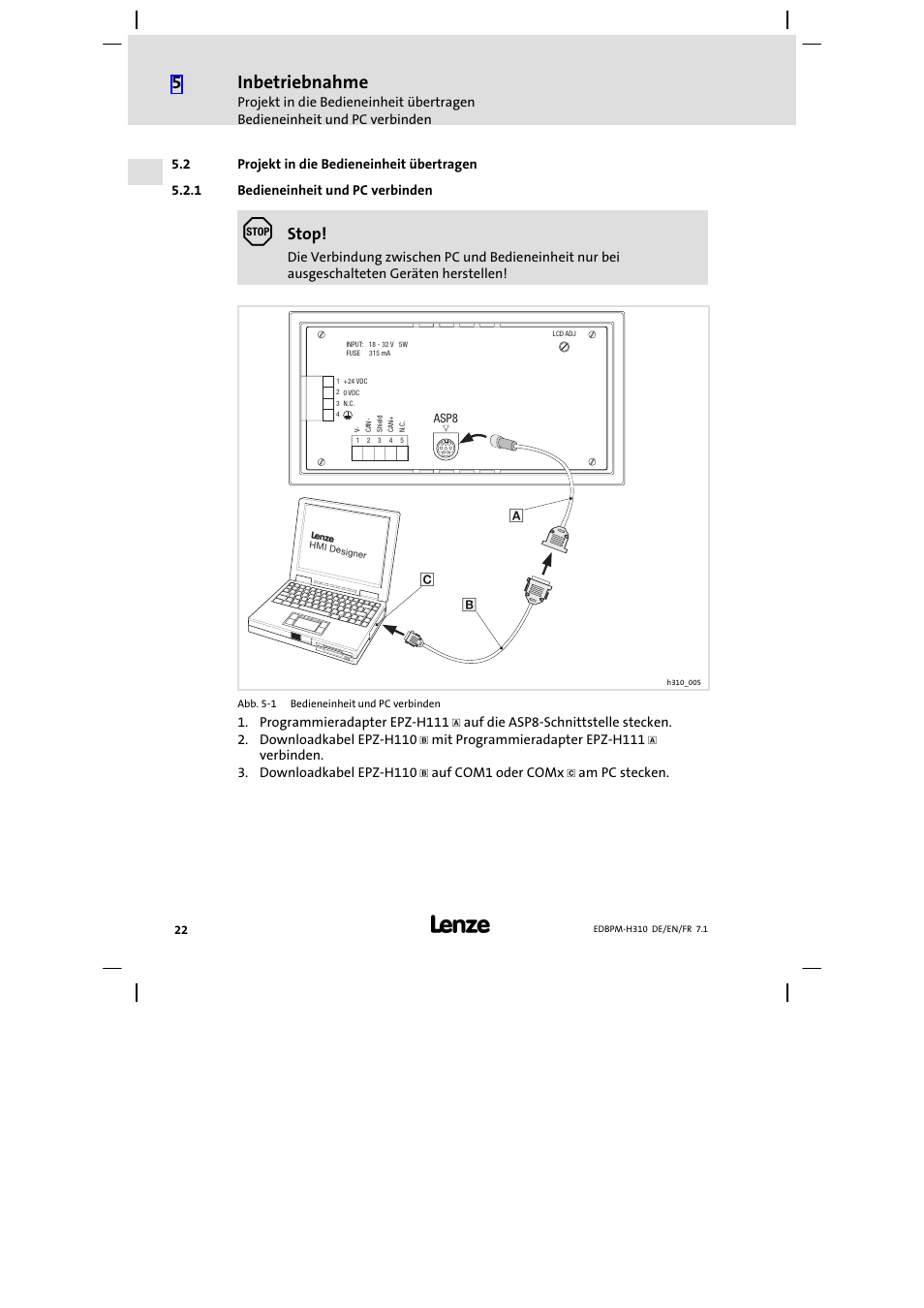 2 projekt in die bedieneinheit übertragen, 1 bedieneinheit und pc verbinden, Projekt in die bedieneinheit übertragen | Bedieneinheit und pc verbinden, Inbetriebnahme, Stop | Lenze EPM−H310 User Manual | Page 22 / 102