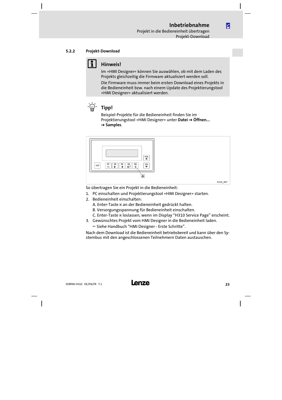 2 projekt-download, Projekt−download, Inbetriebnahme | Lenze EPM−H310 User Manual | Page 23 / 102