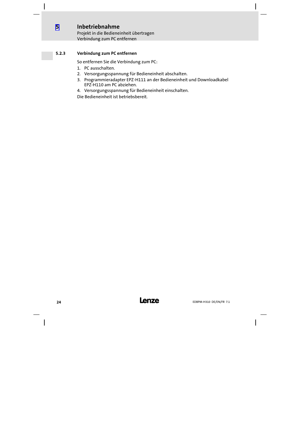 3 verbindung zum pc entfernen, Verbindung zum pc entfernen | Lenze EPM−H310 User Manual | Page 24 / 102