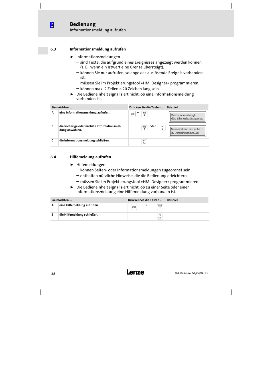 3 informationsmeldung aufrufen, 4 hilfemeldung aufrufen, Informationsmeldung aufrufen | Hilfemeldung aufrufen, Bedienung | Lenze EPM−H310 User Manual | Page 28 / 102