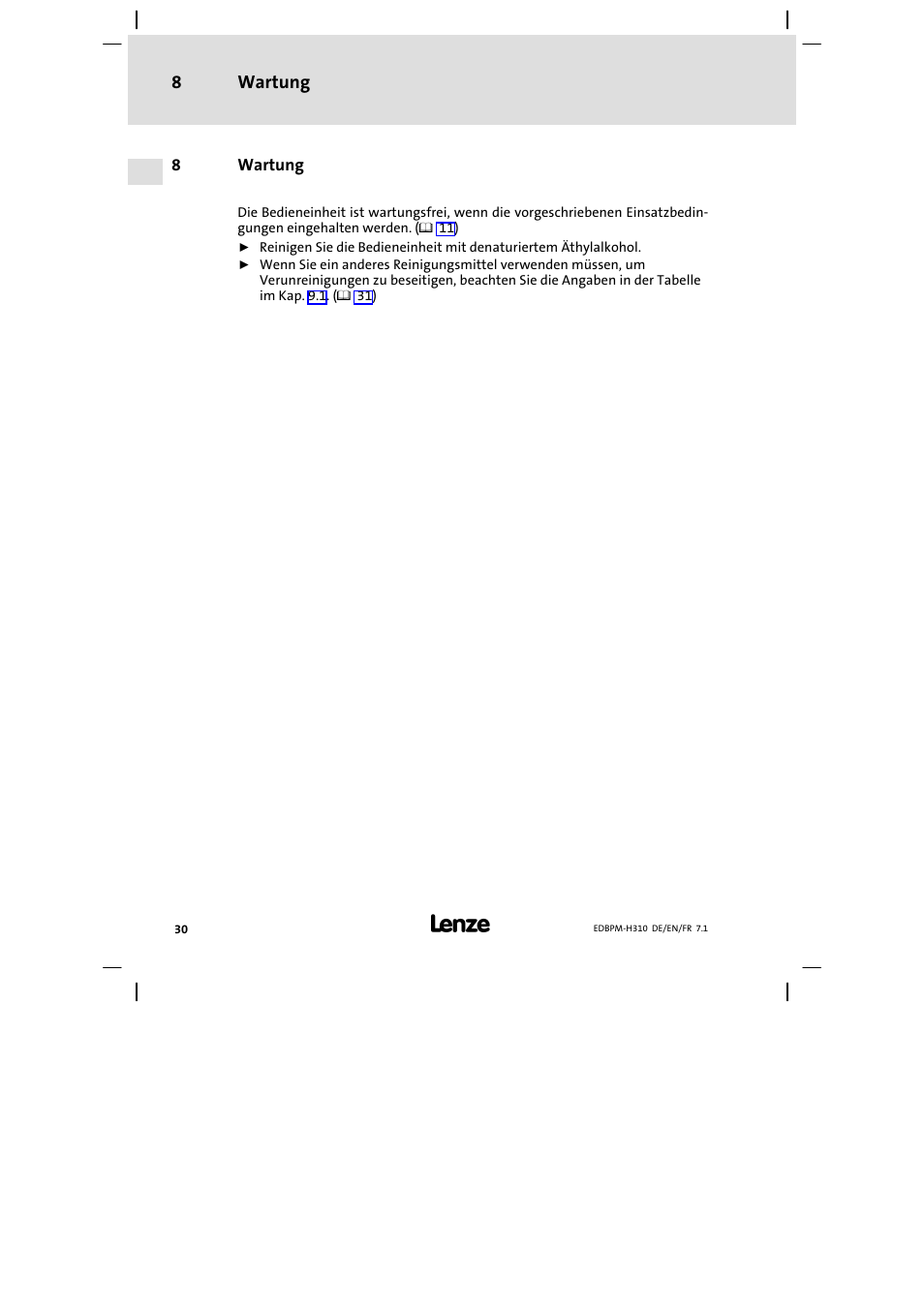 8 wartung, Wartung | Lenze EPM−H310 User Manual | Page 30 / 102