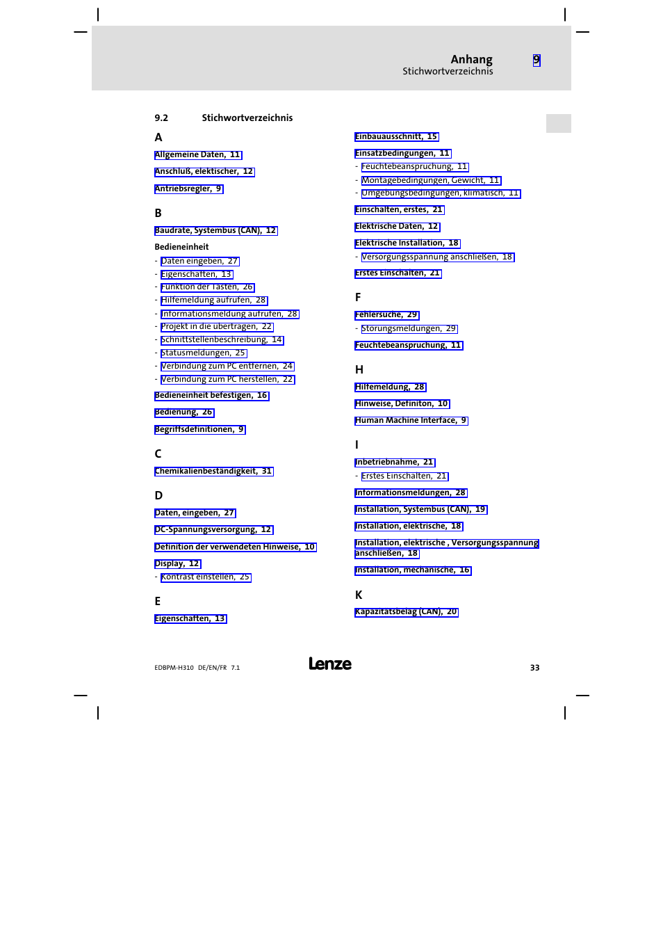 2 stichwortverzeichnis, Stichwortverzeichnis, Anhang | Lenze EPM−H310 User Manual | Page 33 / 102