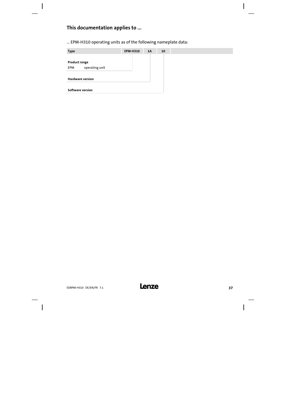 This documentation applies to | Lenze EPM−H310 User Manual | Page 37 / 102