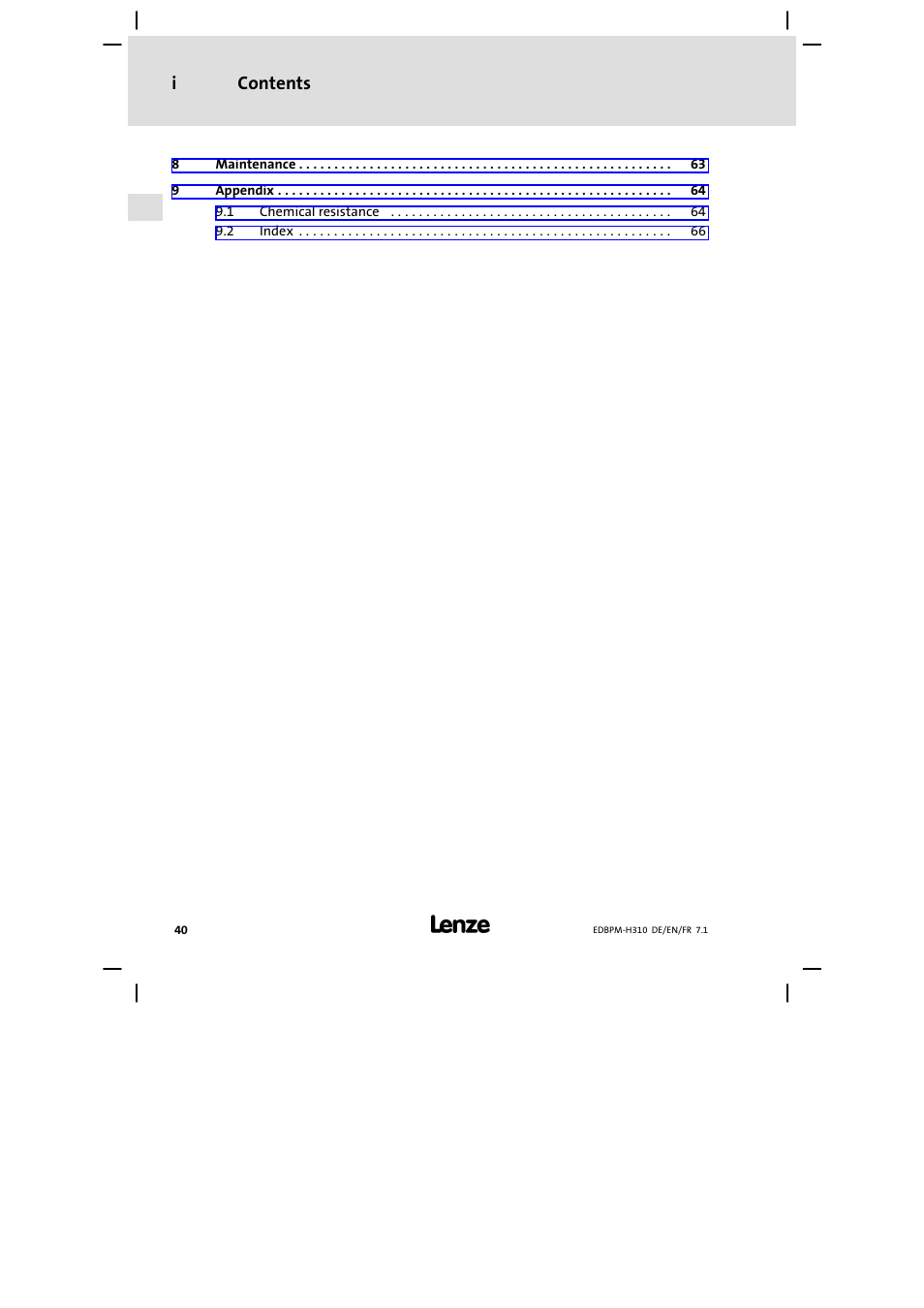 Contents i | Lenze EPM−H310 User Manual | Page 40 / 102