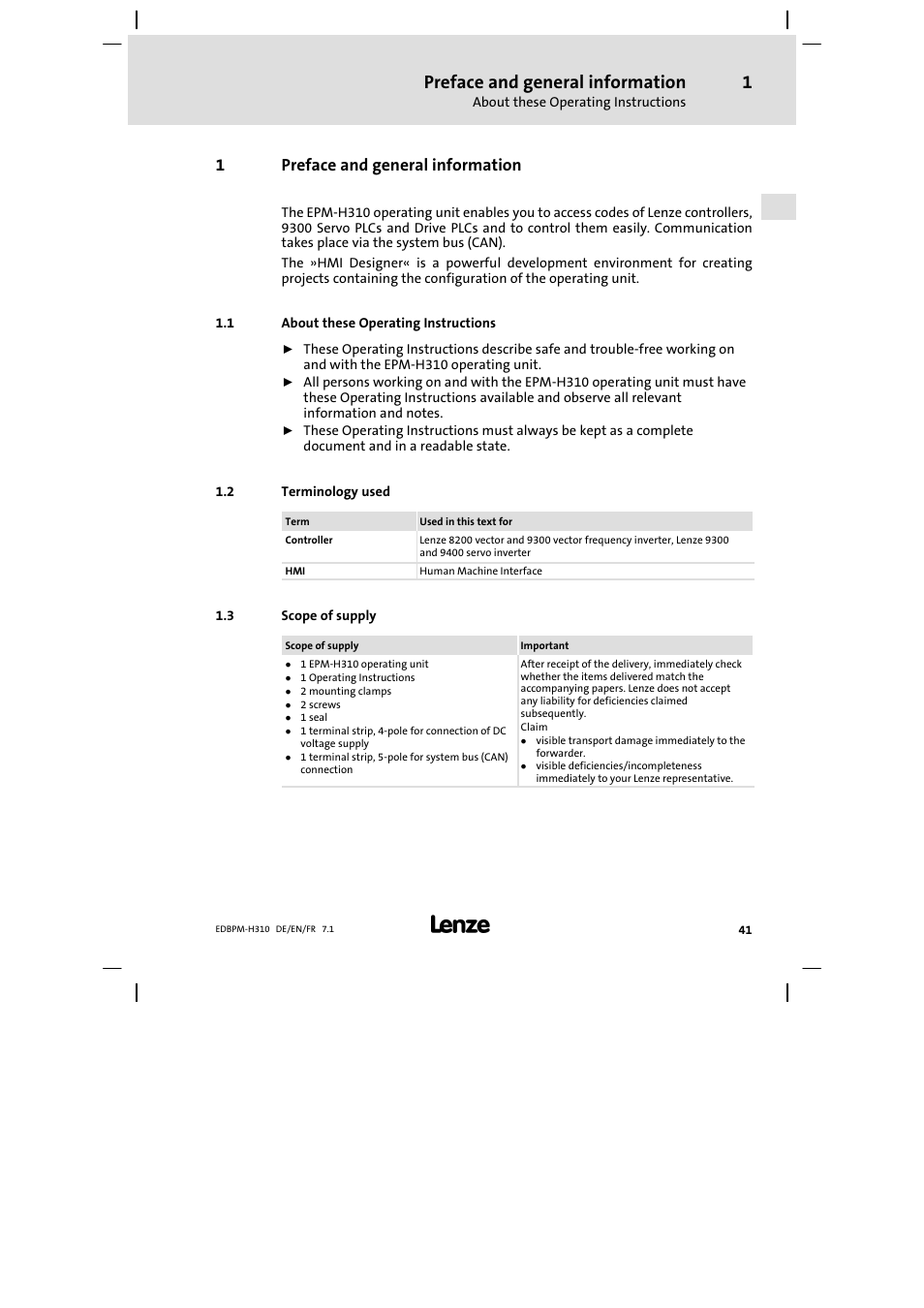 1 preface and general information, 1 about these operating instructions, 2 terminology used | 3 scope of supply, Preface and general information, About these operating instructions, Terminology used, Scope of supply, 1preface and general information | Lenze EPM−H310 User Manual | Page 41 / 102