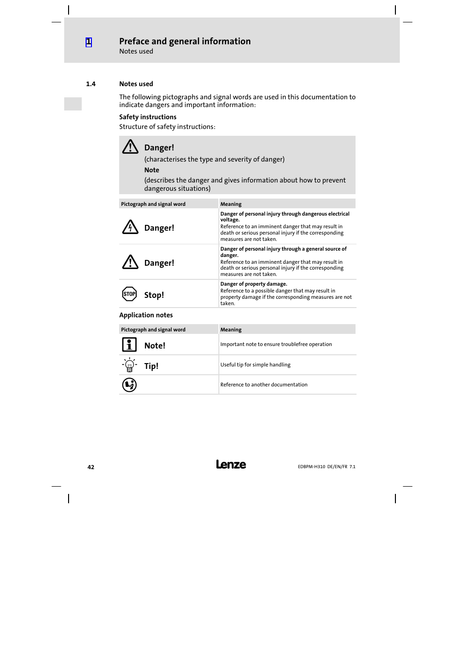 4 notes used, Notes used | Lenze EPM−H310 User Manual | Page 42 / 102