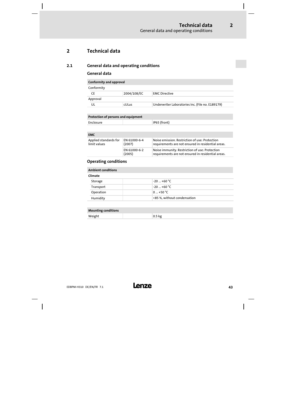 2 technical data, 1 general data and operating conditions, Technical data | General data and operating conditions, 2technical data | Lenze EPM−H310 User Manual | Page 43 / 102