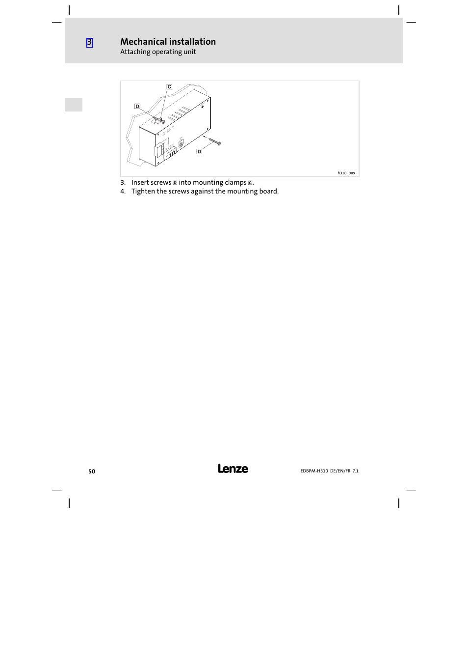 Mechanical installation, Attaching operating unit, Insert screws | Into mounting clamps, Tighten the screws against the mounting board | Lenze EPM−H310 User Manual | Page 50 / 102