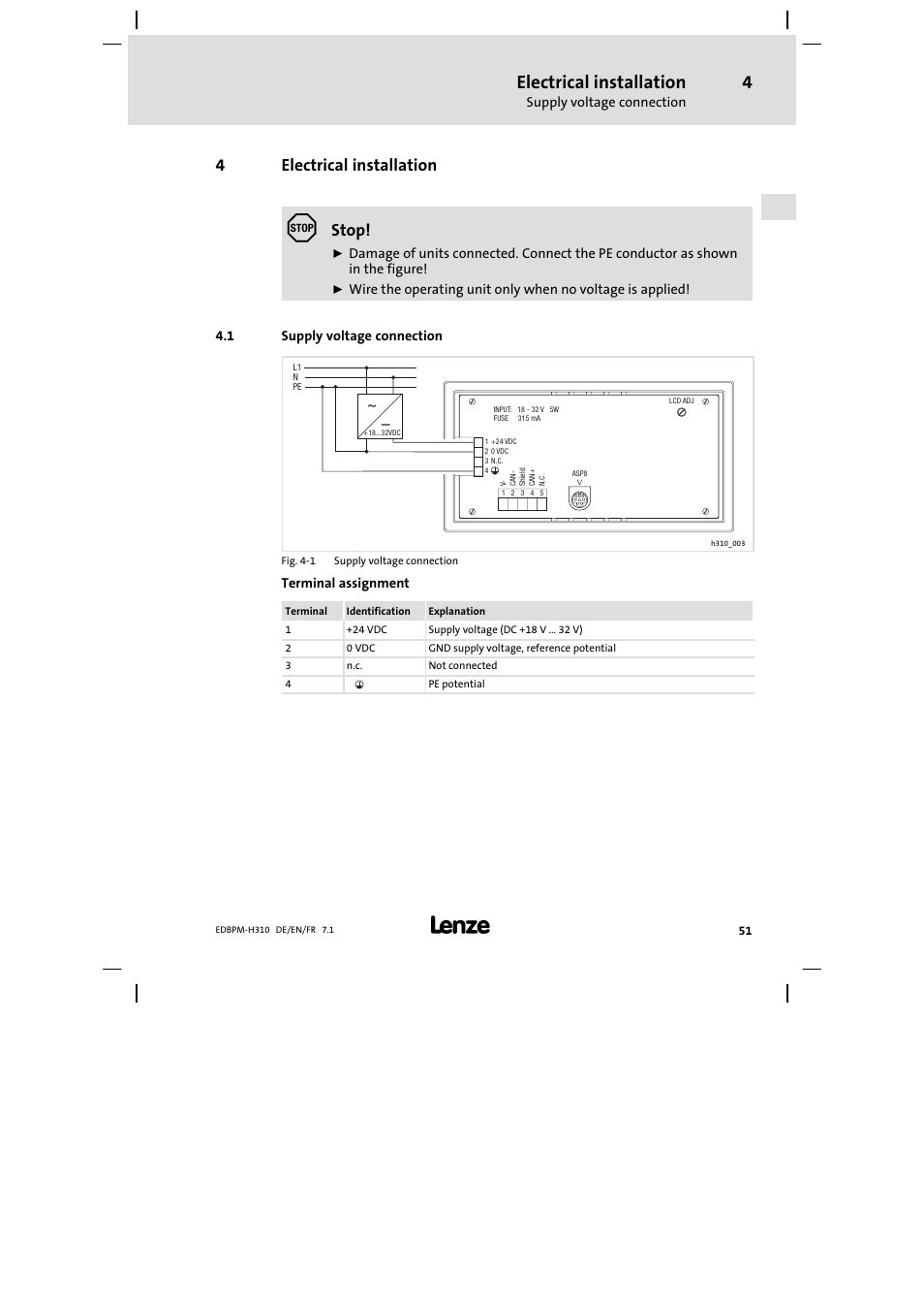 4 electrical installation, 1 supply voltage connection, Electrical installation | Supply voltage connection, 4electrical installation, Stop | Lenze EPM−H310 User Manual | Page 51 / 102