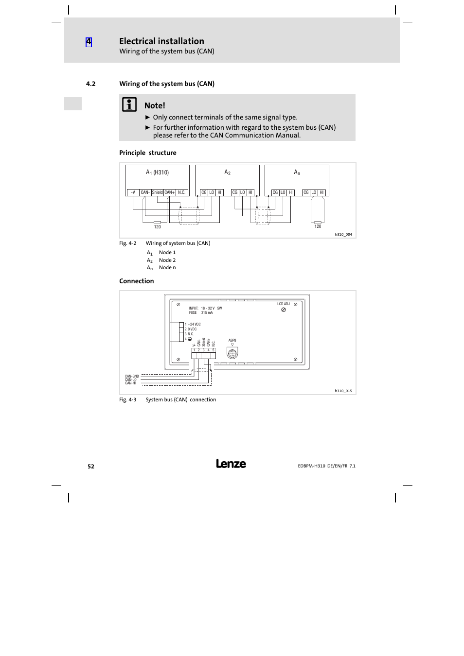 2 wiring of the system bus (can), Wiring of the system bus (can), Electrical installation | Lenze EPM−H310 User Manual | Page 52 / 102