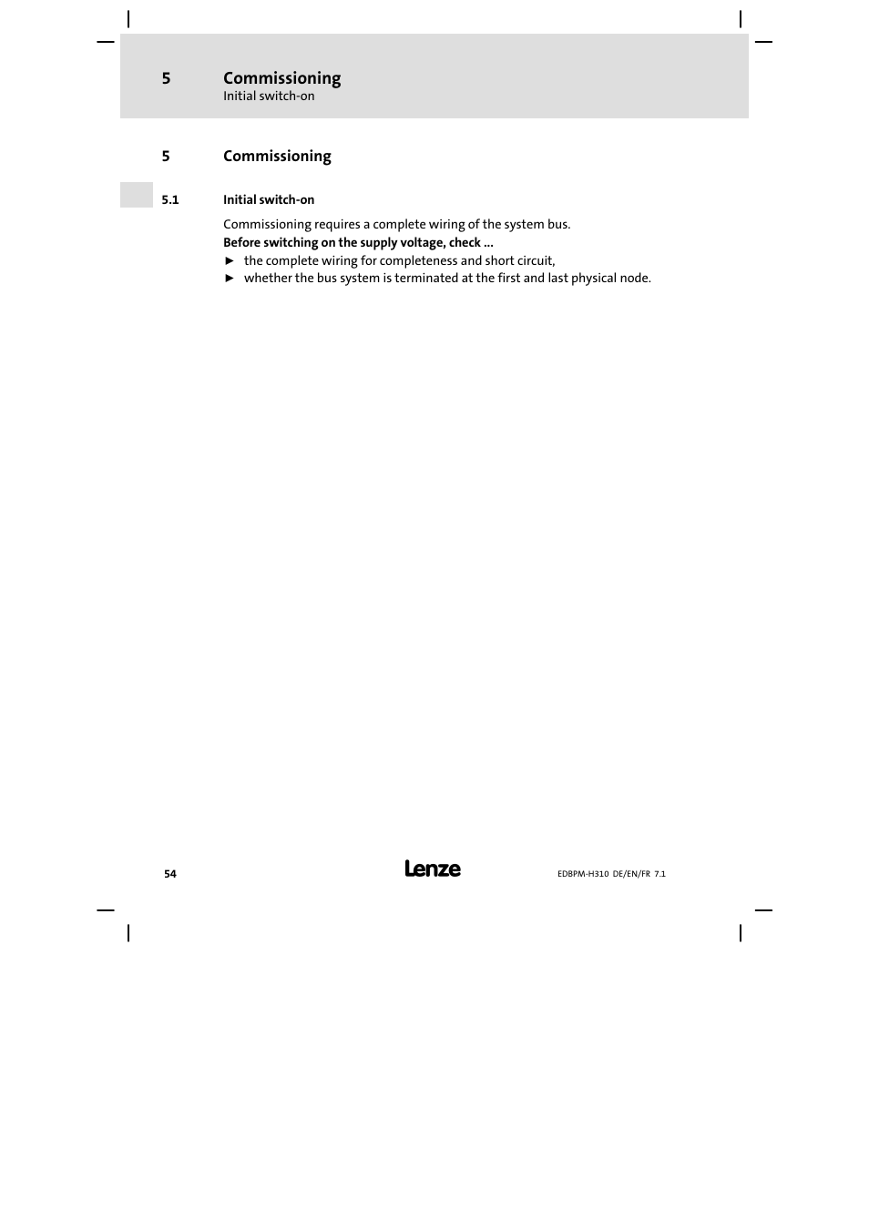 5 commissioning, 1 initial switch-on, Commissioning | Initial switch−on | Lenze EPM−H310 User Manual | Page 54 / 102