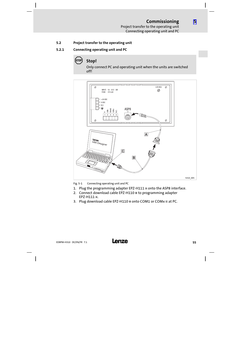 2 project transfer to the operating unit, 1 connecting operating unit and pc, Project transfer to the operating unit | Connecting operating unit and pc, Commissioning, Stop | Lenze EPM−H310 User Manual | Page 55 / 102