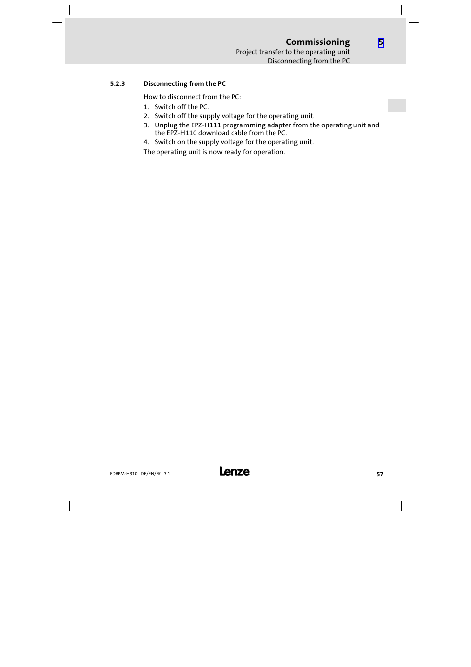 3 disconnecting from the pc, Disconnecting from the pc | Lenze EPM−H310 User Manual | Page 57 / 102