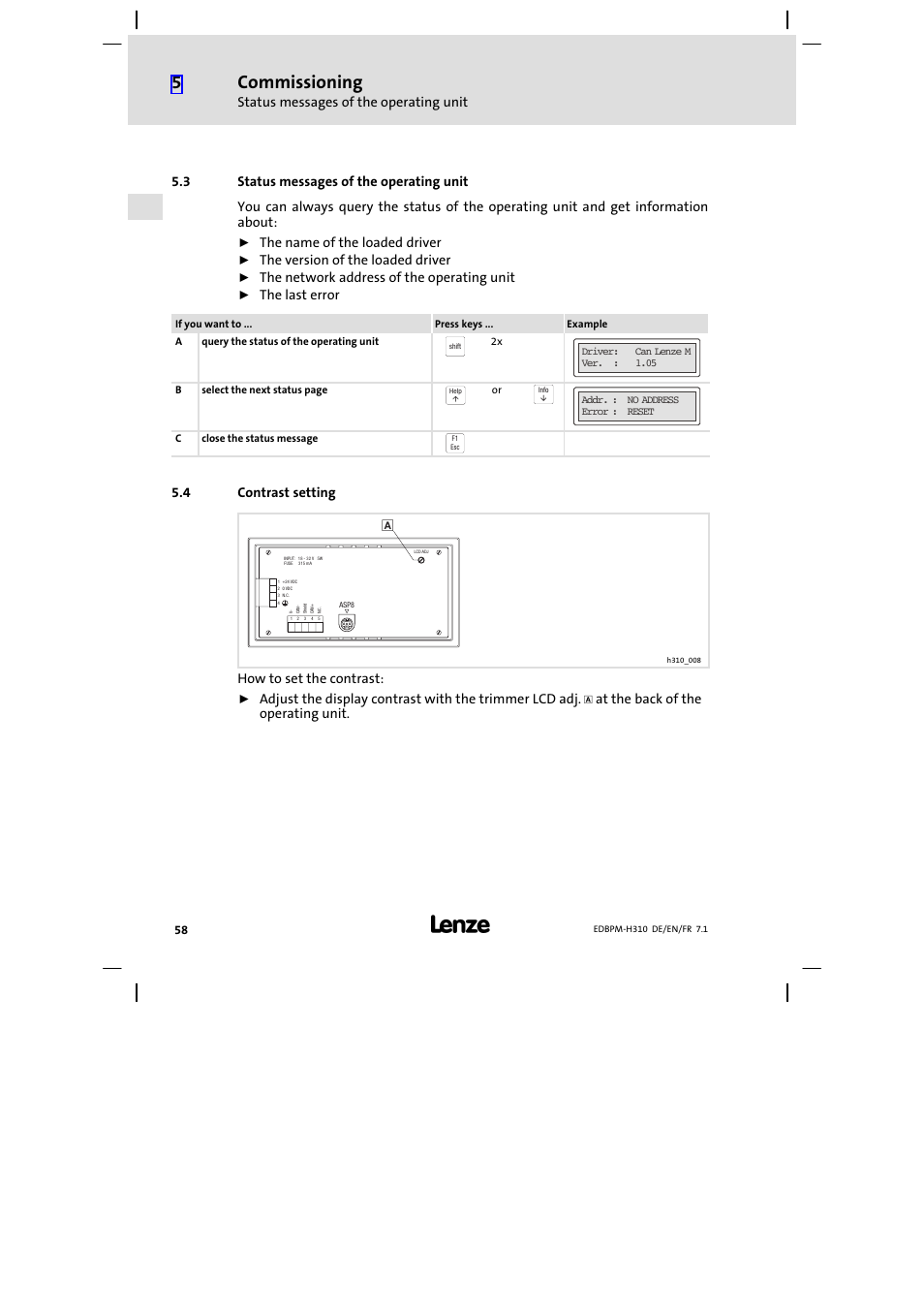 3 status messages of the operating unit, 4 contrast setting, Status messages of the operating unit | Contrast setting, Commissioning, The name of the loaded driver, The version of the loaded driver, The network address of the operating unit, The last error, How to set the contrast | Lenze EPM−H310 User Manual | Page 58 / 102