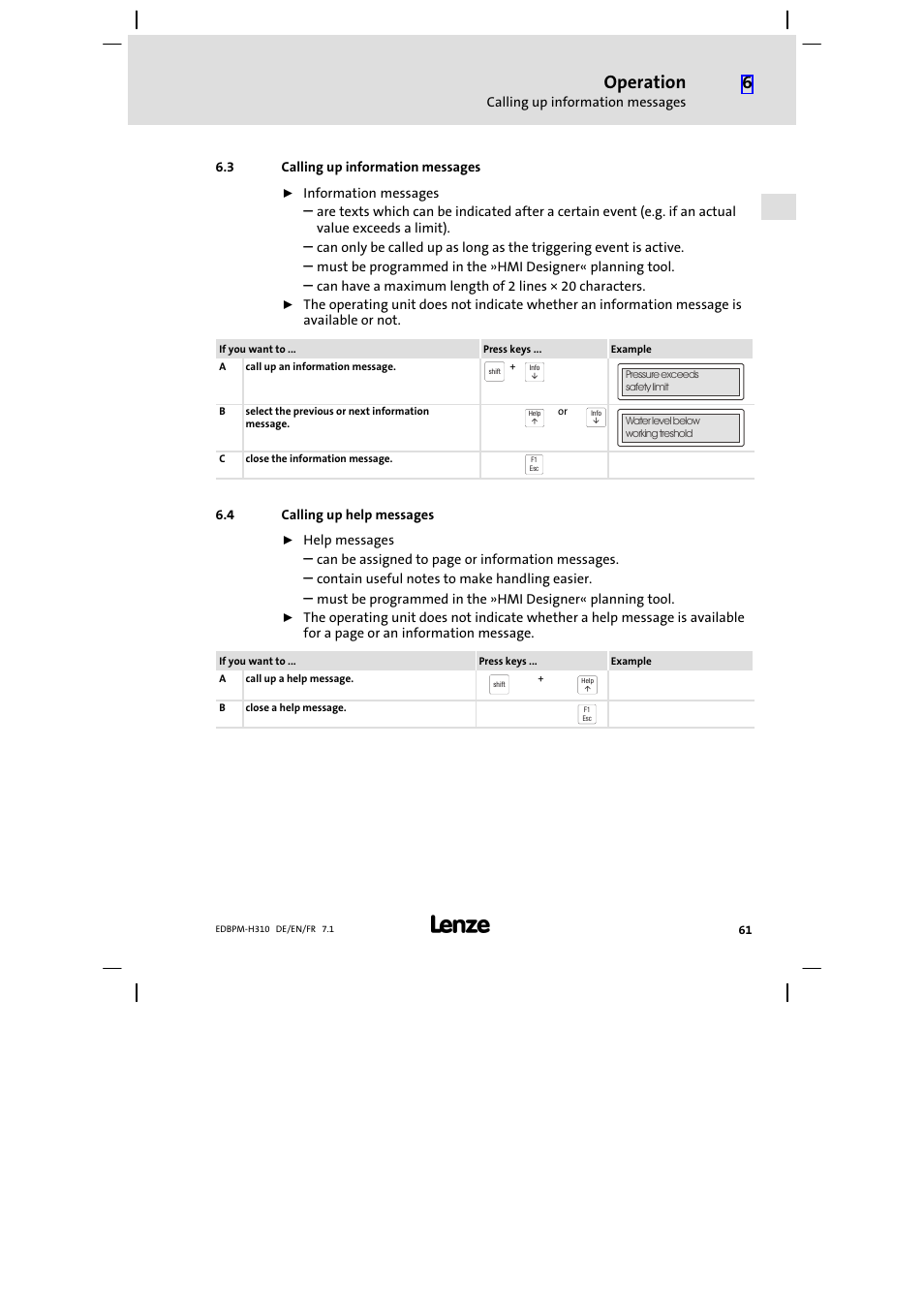 3 calling up information messages, 4 calling up help messages, Calling up information messages | Calling up help messages, Operation | Lenze EPM−H310 User Manual | Page 61 / 102