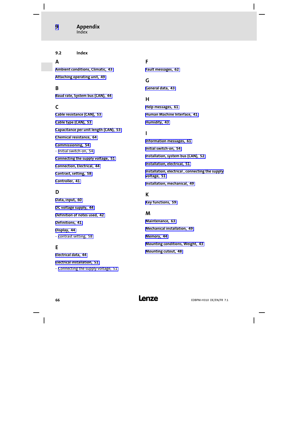 2 index, Index | Lenze EPM−H310 User Manual | Page 66 / 102