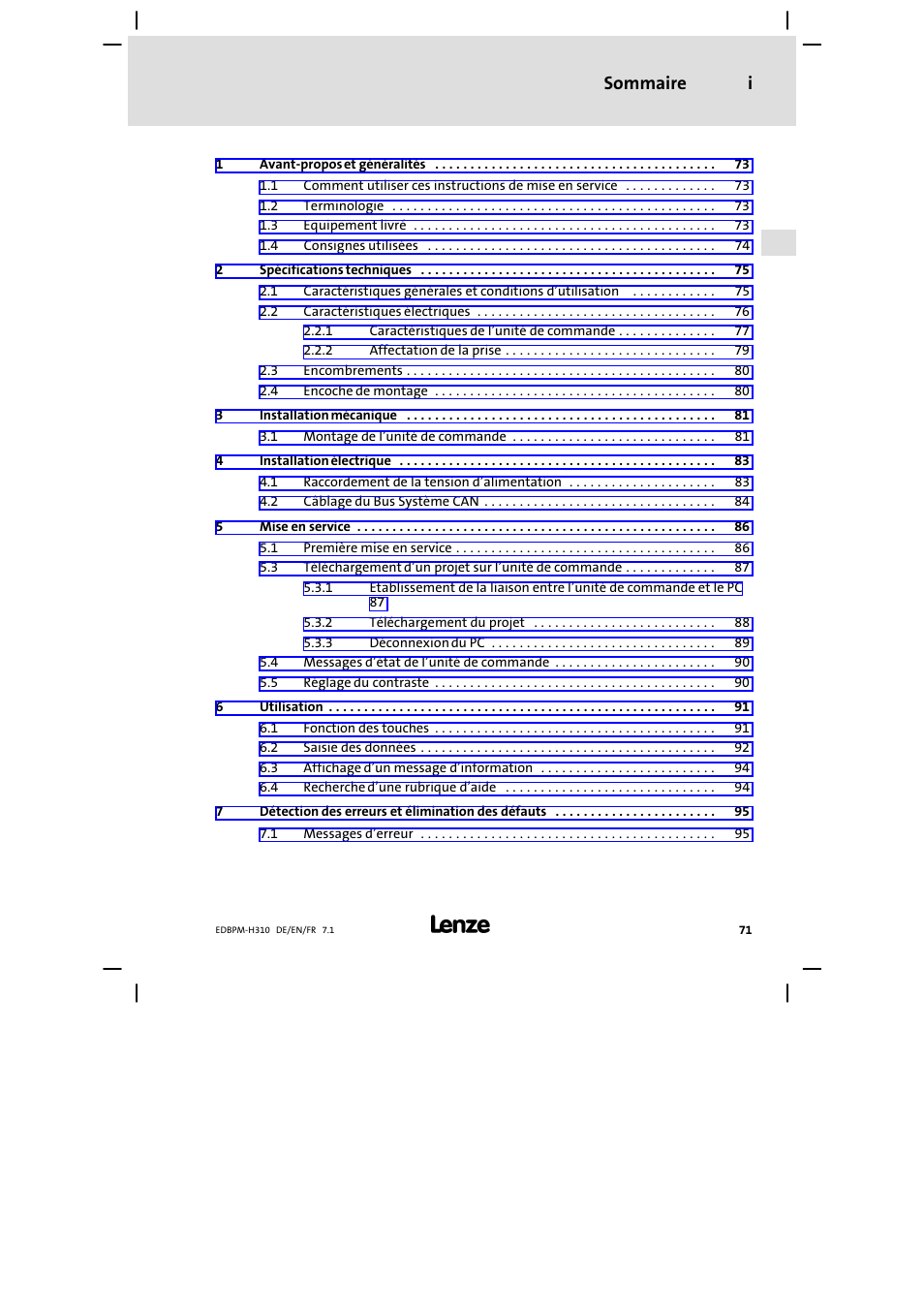 Sommaire, Sommaire i | Lenze EPM−H310 User Manual | Page 71 / 102