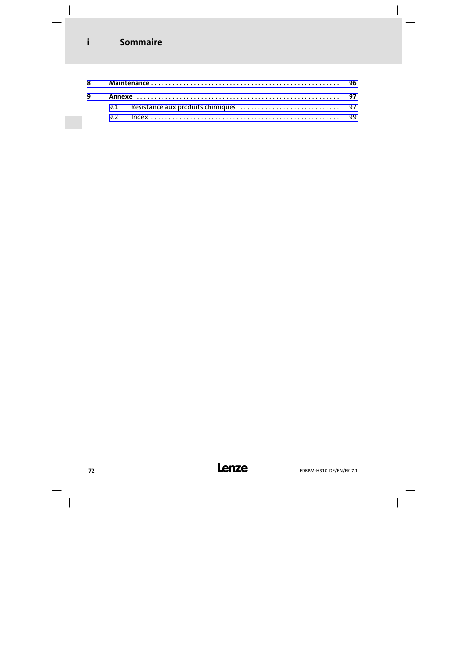 Sommaire i | Lenze EPM−H310 User Manual | Page 72 / 102