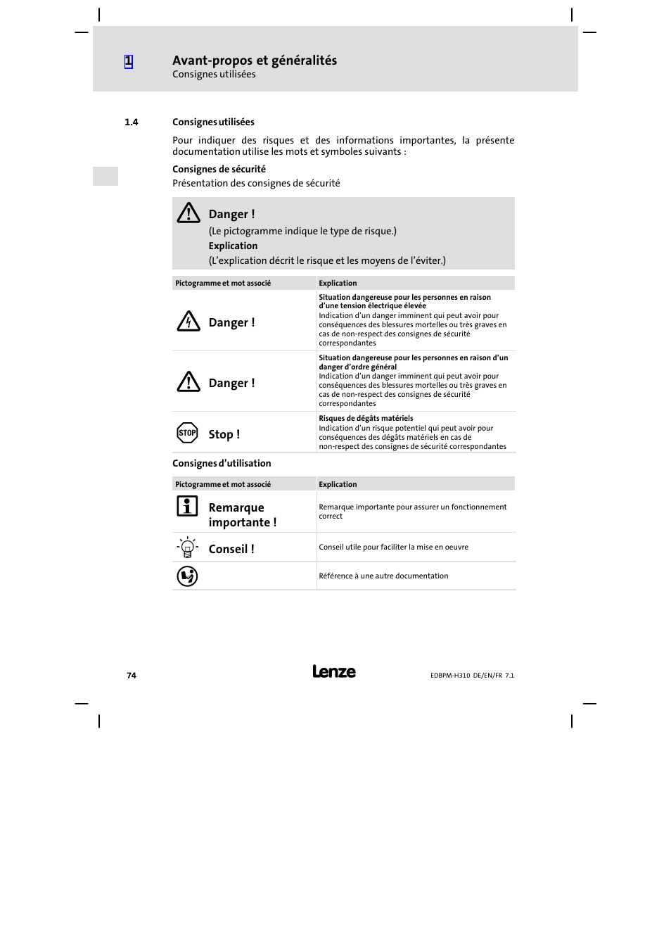 4 consignes utilisées, Consignes utilisées | Lenze EPM−H310 User Manual | Page 74 / 102