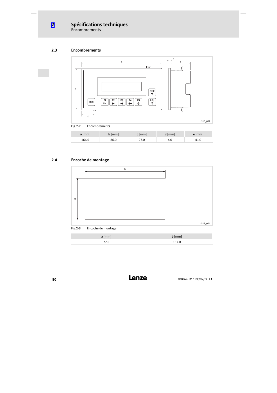 3 encombrements, 4 encoche de montage, Encombrements | Encoche de montage, Spécifications techniques | Lenze EPM−H310 User Manual | Page 80 / 102