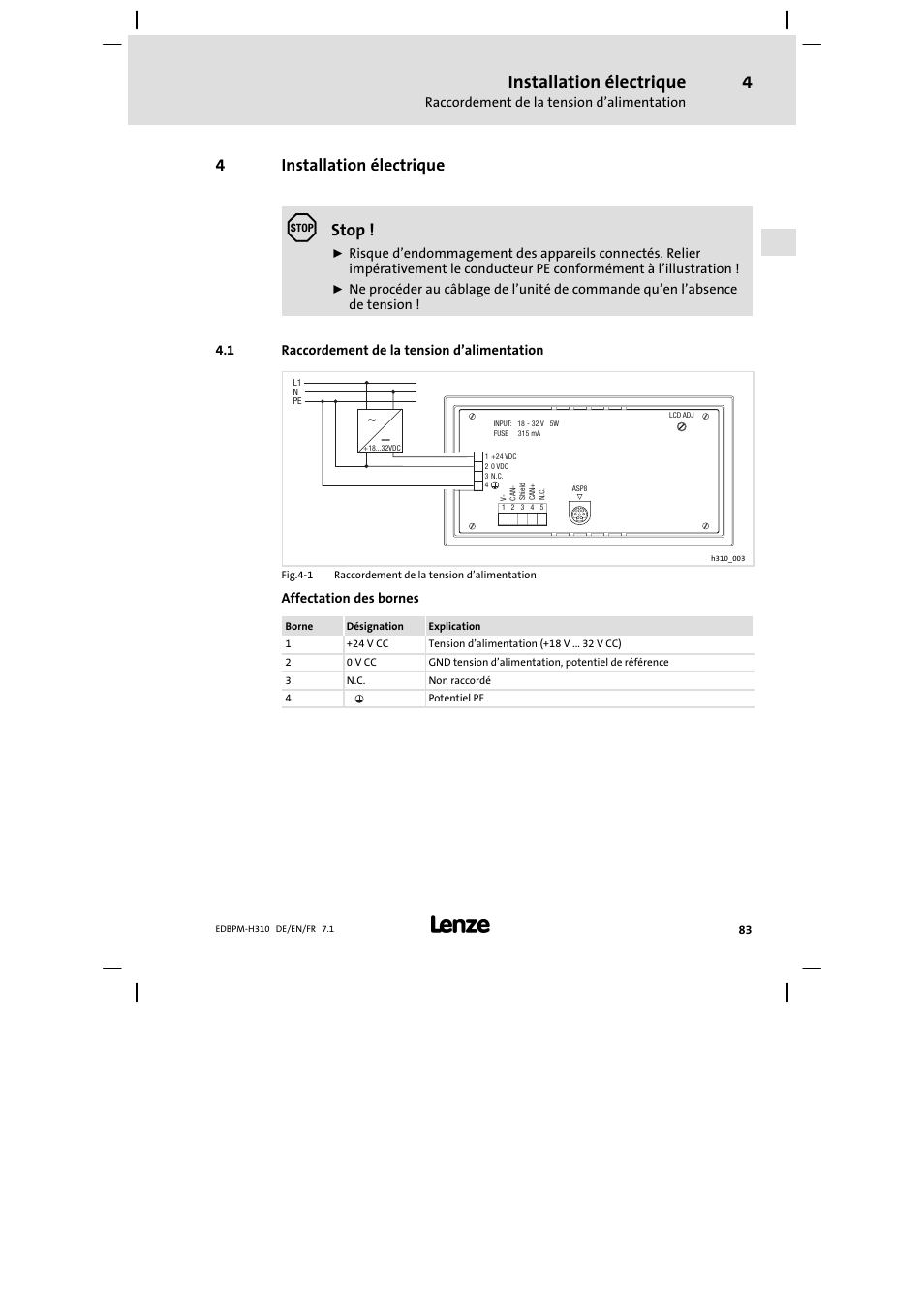 4 installation électrique, 1 raccordement de la tension d'alimentation, Installation électrique | Raccordement de la tension d’alimentation, 4installation électrique, Stop | Lenze EPM−H310 User Manual | Page 83 / 102