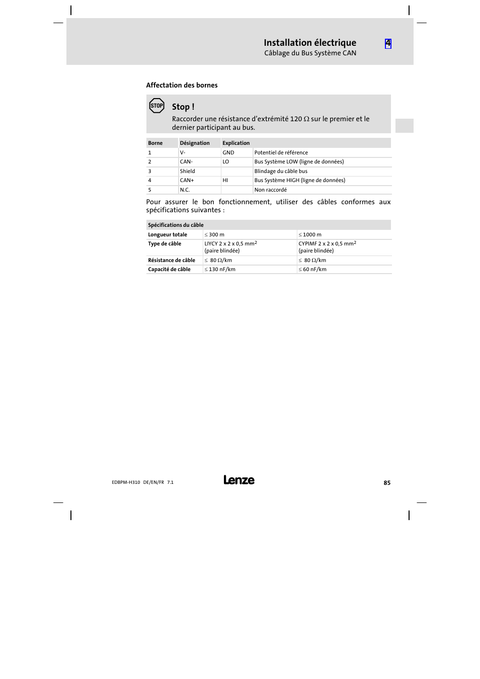 Installation électrique, Stop | Lenze EPM−H310 User Manual | Page 85 / 102