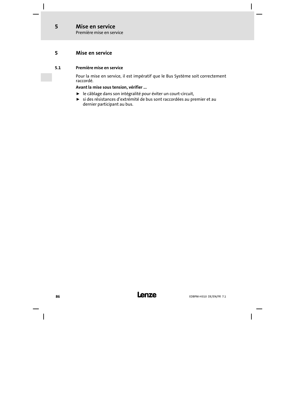 5 mise en service, 1 première mise en service, Mise en service | Première mise en service | Lenze EPM−H310 User Manual | Page 86 / 102