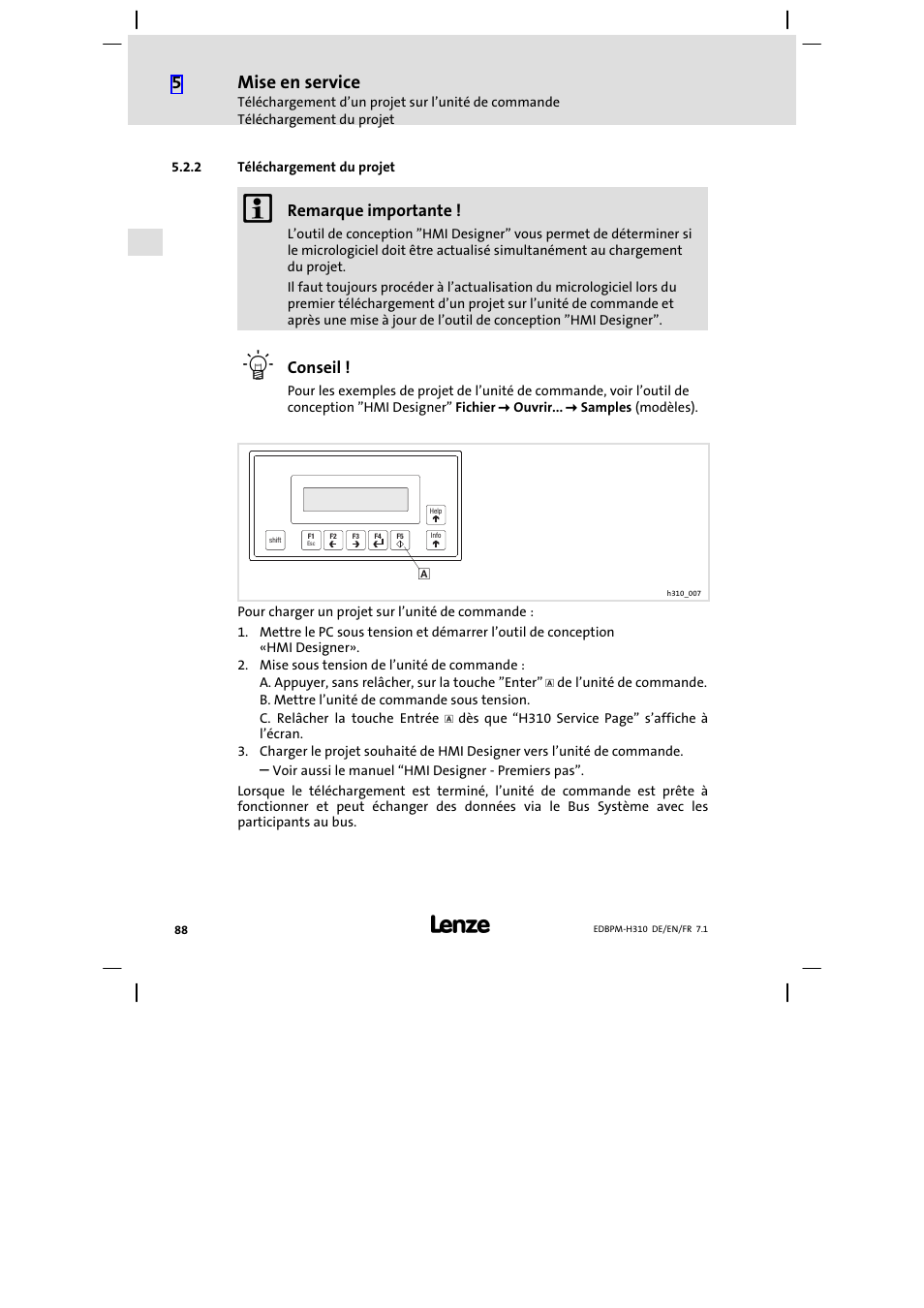 2 téléchargement du projet, Téléchargement du projet, Mise en service | Lenze EPM−H310 User Manual | Page 88 / 102