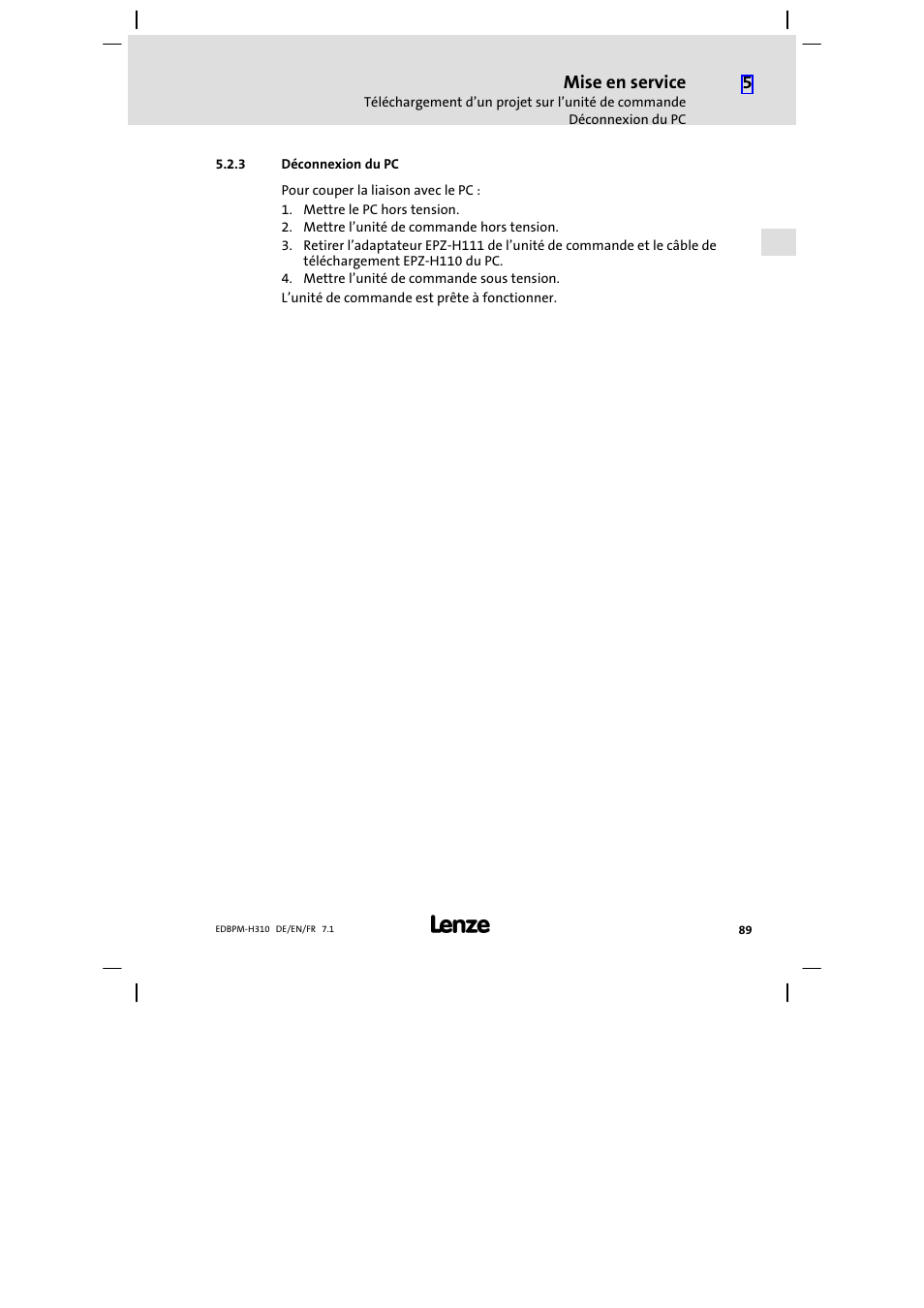 3 déconnexion du pc, Déconnexion du pc | Lenze EPM−H310 User Manual | Page 89 / 102