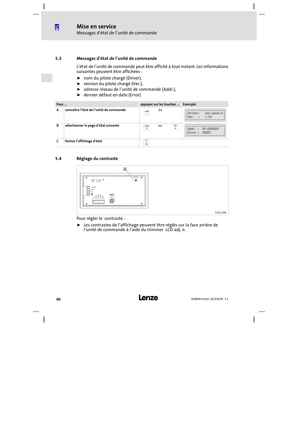 3 messages d'état de l'unité de commande, 4 réglage du contraste, Messages d’état de l’unité de commande | Réglage du contraste, Mise en service, Nom du pilote chargé (driver), Version du pilote chargé (ver.), Adresse réseau de l’unité de commande (addr.), Dernier défaut en date (error), Pour régler le contraste | Lenze EPM−H310 User Manual | Page 90 / 102