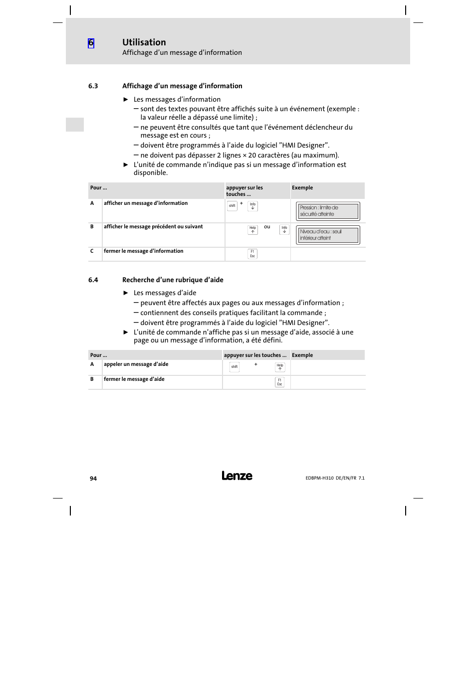 3 affichage d'un message d'information, 4 recherche d'une rubrique d'aide, Affichage d’un message d’information | Recherche d’une rubrique d’aide, Utilisation | Lenze EPM−H310 User Manual | Page 94 / 102