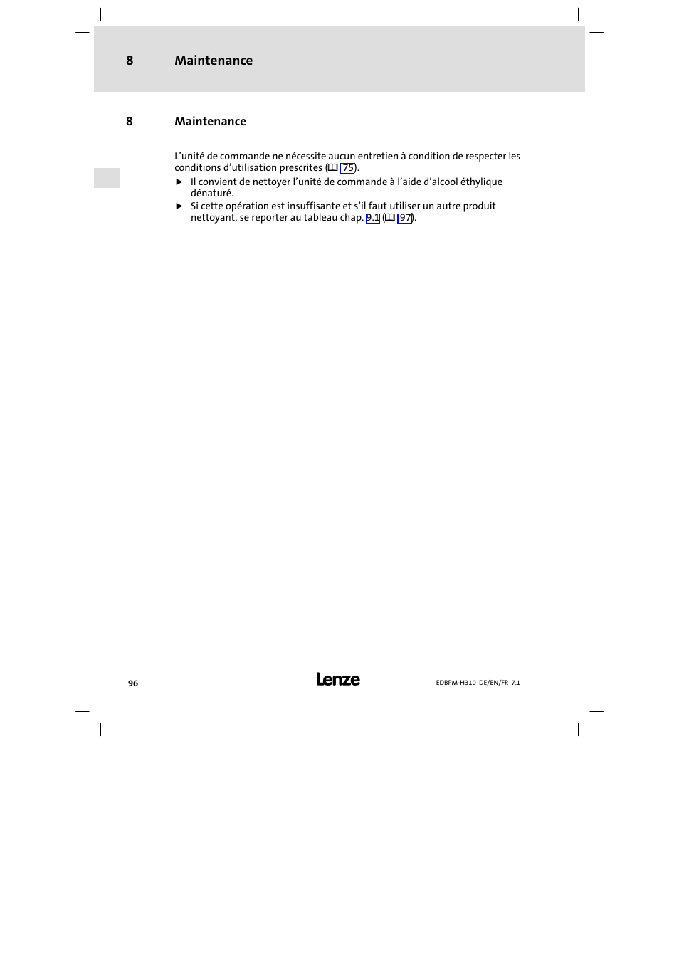 8 maintenance, Maintenance | Lenze EPM−H310 User Manual | Page 96 / 102