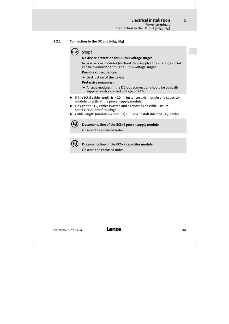 Connection to the dc bus (+ug, -ug), Connection to the dc bus (+ug, −ug) | Lenze ECSCx Axis cold plate User Manual | Page 103 / 208