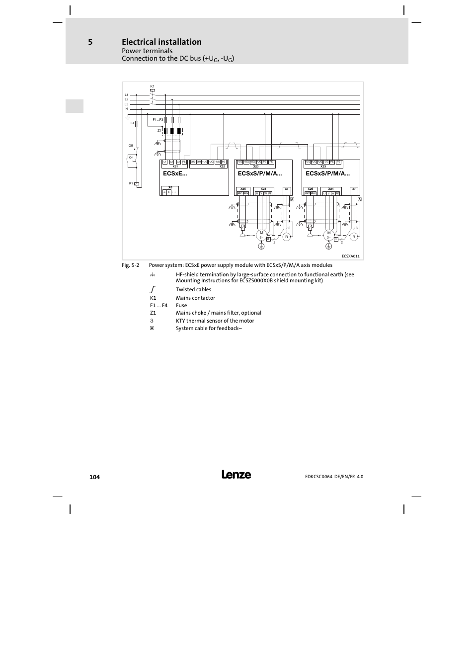 Electrical installation, Power terminals connection to the dc bus (+u | Lenze ECSCx Axis cold plate User Manual | Page 104 / 208