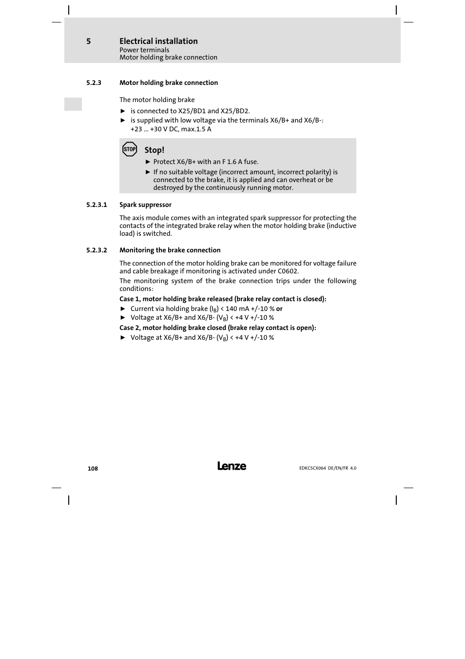 Motor holding brake connection | Lenze ECSCx Axis cold plate User Manual | Page 108 / 208