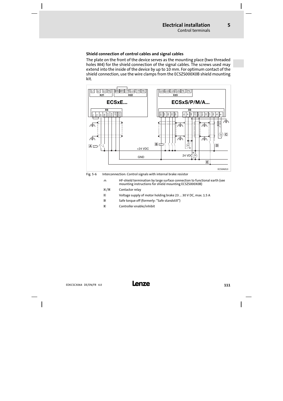 Electrical installation, Ecsxe... ecsxs/p/m/a, Control terminals | Lenze ECSCx Axis cold plate User Manual | Page 111 / 208
