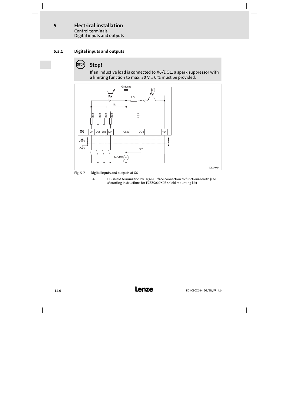 Digital inputs and outputs, Electrical installation, Stop | Lenze ECSCx Axis cold plate User Manual | Page 114 / 208