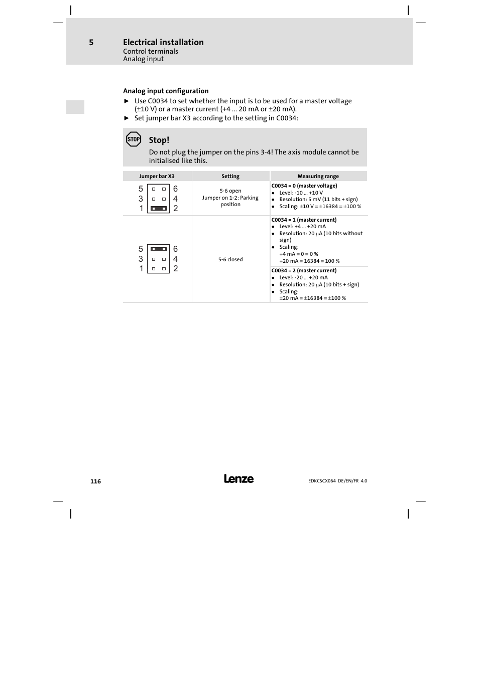 Electrical installation, Stop | Lenze ECSCx Axis cold plate User Manual | Page 116 / 208
