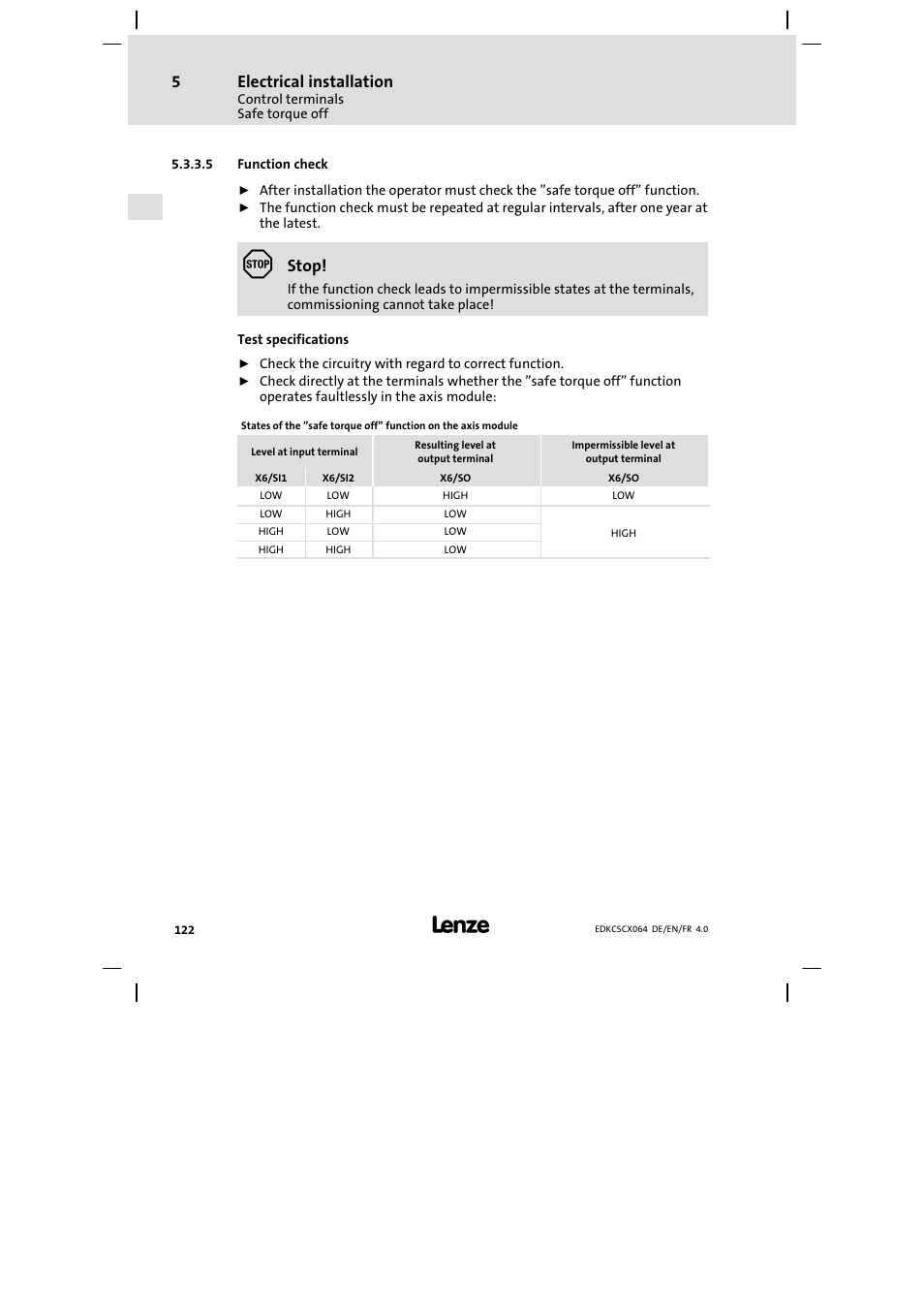 Electrical installation, Stop | Lenze ECSCx Axis cold plate User Manual | Page 122 / 208