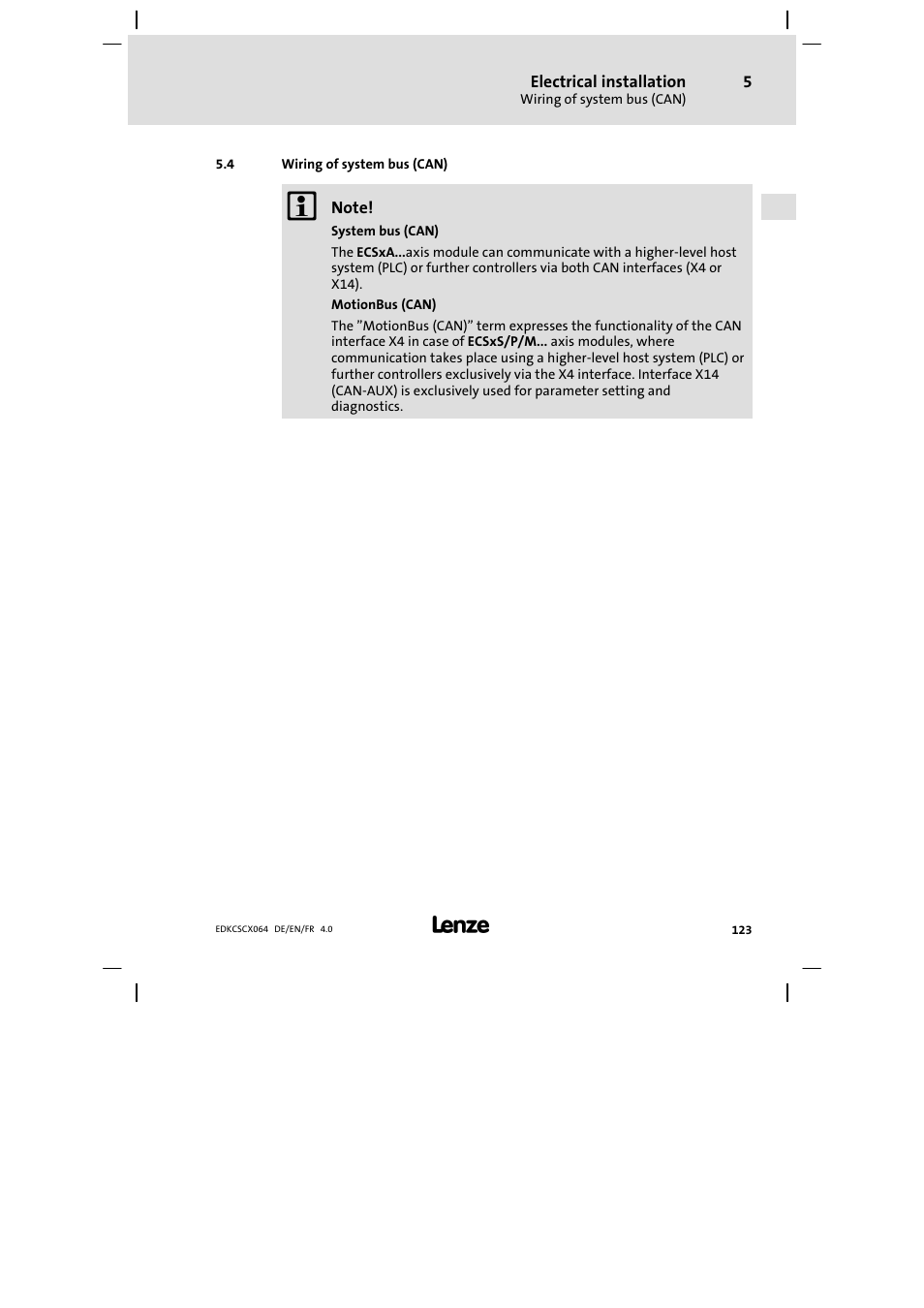Wiring of system bus (can) | Lenze ECSCx Axis cold plate User Manual | Page 123 / 208