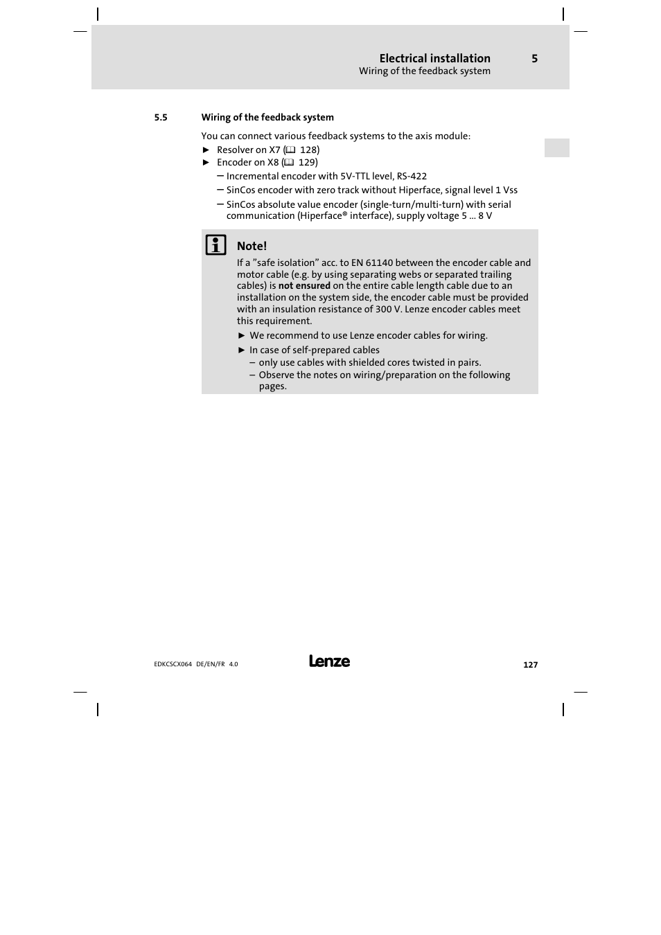 Wiring of the feedback system | Lenze ECSCx Axis cold plate User Manual | Page 127 / 208