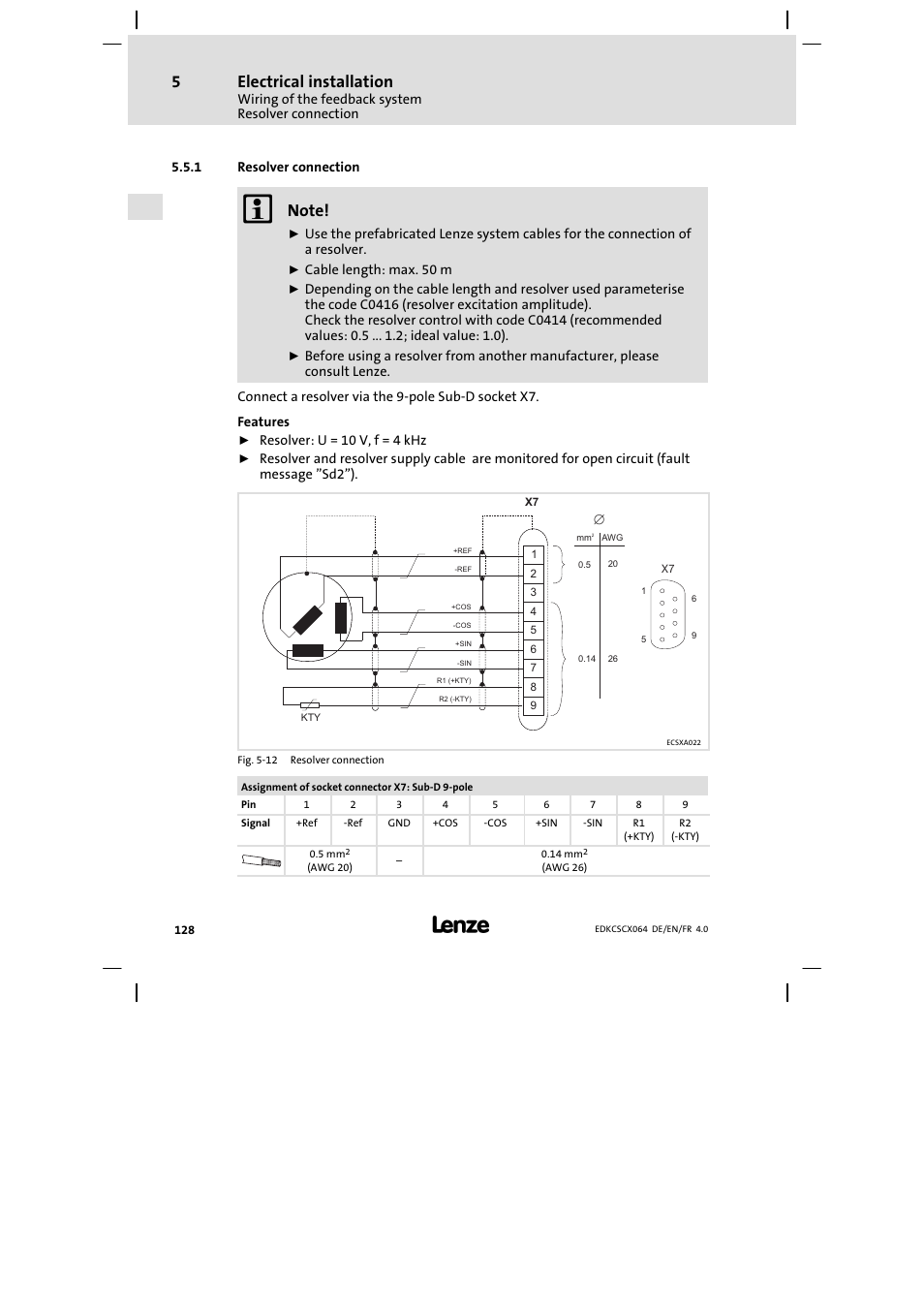 Resolver connection, Electrical installation | Lenze ECSCx Axis cold plate User Manual | Page 128 / 208