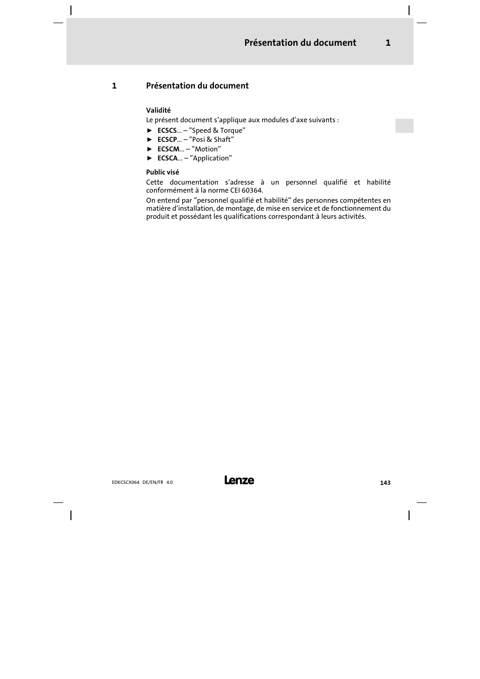 1 présentation du document, Présentation du document, Présentation du document 1 | Lenze ECSCx Axis cold plate User Manual | Page 143 / 208